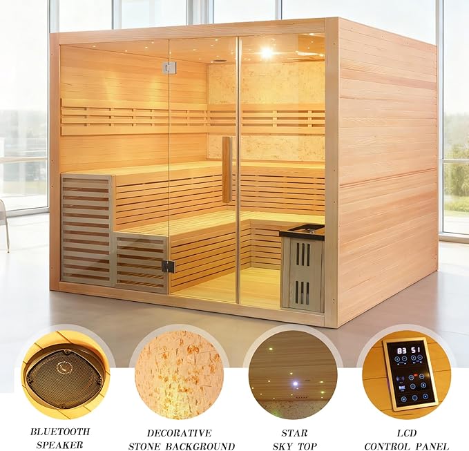 6-8 Person Indoor Sauna HARVIA 220V 6KW Canadian Hemlock Wooden Steam Sauna with LCD Control Panel, Bluetooth Speakers, Panoramic Tempered Glass and Decorative Stone
