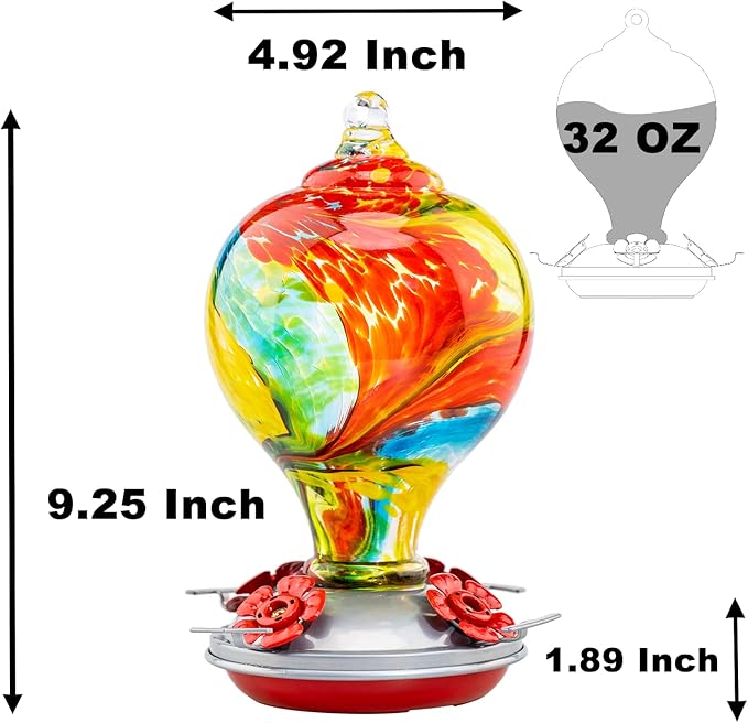 Muse Garden 32OZ Hummingbird Feeders Hanging, Blown Glass Hummingbird Feeder, Garden Backyard Decor, Carnival