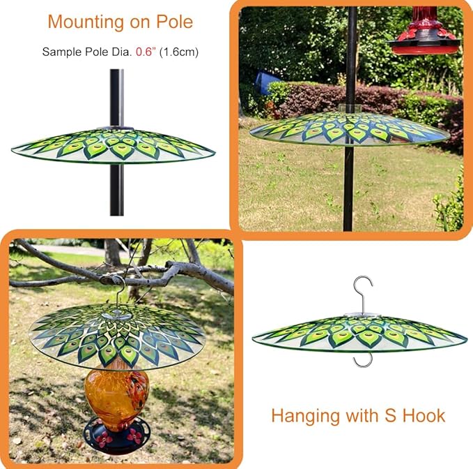 13" Glass Rain Cover for Bird Feeder Outdoors - Baffle on Shepherd Pole/Post or S Hook Hanging - Large Weather Guard Protective Dome - Dia. 33CM - Peacock Feather