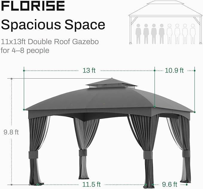 Heavy Duty Gazebo, 11 x 13 Ft Outdoor Patio Pavilion with Galvanized Steel Metal Frame and Double Roof, Curtain and Netting Included, for Outside, Garden, Yard & Lawn