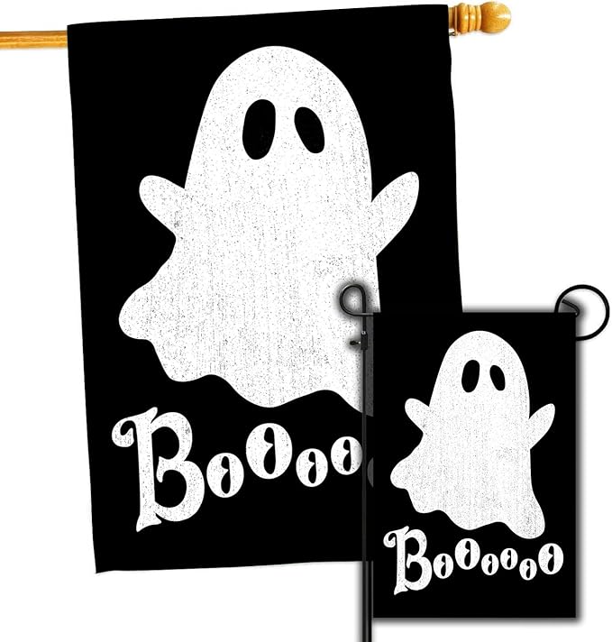 DECORLUXES Halloween Ghost House Flag 28x40 Double Sided, Garden Flags Garden Outside Decor, Boo Black Holiday Yard Outdoor Decoration for Home (House + Garden flag)