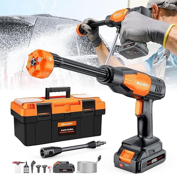 SEALIGHT Cordless Pressure Washer Battery Pressure Washer, 970 PSI Cordless Power Washer with 3.0Ah Battery & 6-in-1 Nozzle & Foam Pot & Carry Box, Portable Power Washer for Home,Yard, Car Wash