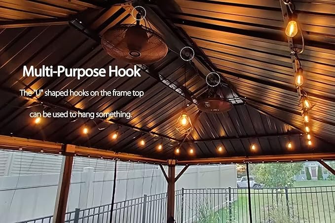 PURPLE LEAF 12' X 20' Outdoor Hardtop Gazebo for Patio Galvanized Steel Double Roof Permanent Canopy Teak Finish Coated Aluminum Frame Pavilion Gazebo with Netting and Navy Blue Curtains