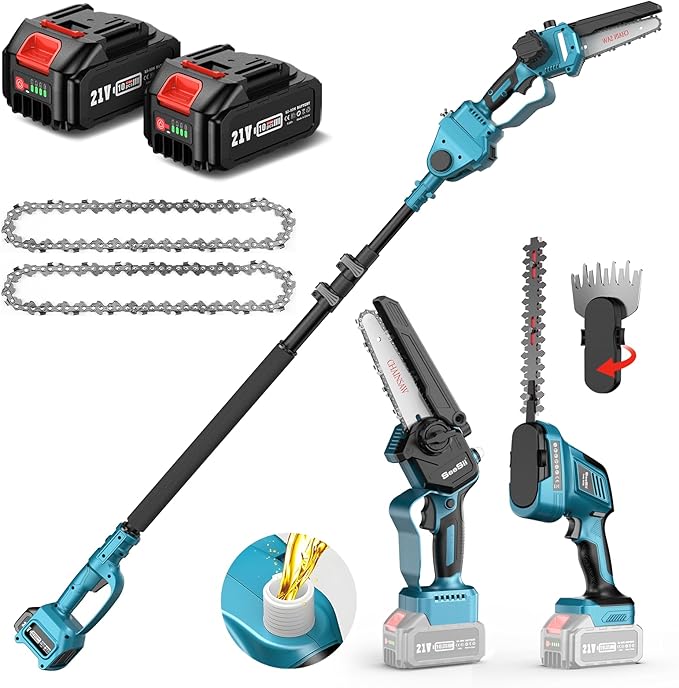 SEESII 6-in-1 Cordless Pole Saw & Hedge Trimmer Combo Kit, Electric Mini Chainsaw with 2×4.0 Ah Batteries, Extension Tree Pruner, Bush Trimmer Limb Branch Cutter, Grass Shears