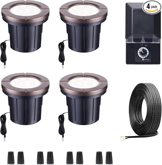 Landscape Well Lights Kit, 4 Pack LED Low Voltage Ground Lights and 100W Transformer and 100FT Cable and 20 Wire Connectors, IP67 Waterproof Aluminum for Driveway Walkway Tree 580LM