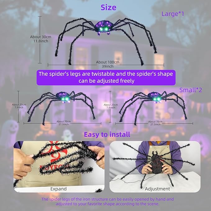 HOYECHI 3-Piece Lighted Halloween Spider - Holiday Decorations Outdoor Set of 3 Spider with 35 LED Lights for Front Yard Porch Gardens Party Outside Halloween Decor - Black