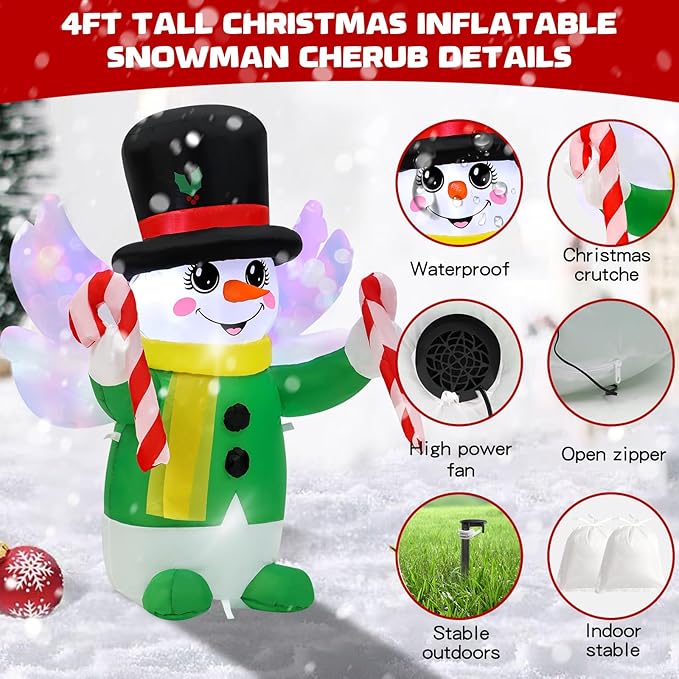 4 Ft Christmas Inflatables Snowman Angel Outdoor Decorations, Blow Up Yard Decorations with Built-in Colorful LED Lights, Snowman Christmas Decorations for Yard Garden Party
