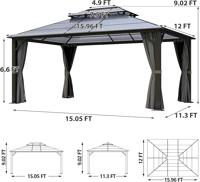 Hardtop Gazebo 12' x 16', Patio Gazebos with Polycarbonate Roof & Steel Frame, Outdoor Pavilion with Gray Curtain&Netting for Backyard/Lawn/Garden/Deck