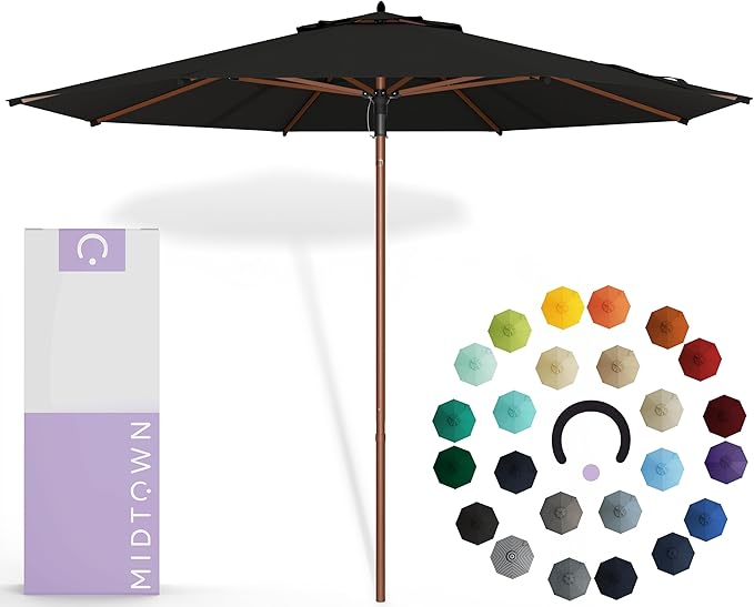 Midtown Umbrellas The Wooden 9 Feet Patio Umbrella With Sunbrella Black Acrylic Fabric - Aluminum Frame Market Umbrella For Backyard, Deck, Garden, Pool - Wooden Pole