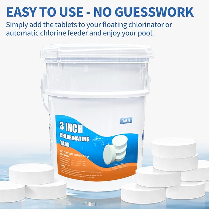 Chlorine Tablets 3 inch 40 Pounds, TABIT Swimming Pool Long Lasting Chlorinating Tablets, Slow Dissolving, Tri-Chlor for Swim Pool, Hot Tubs, Spa