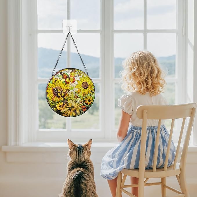 Suncatcher Stained Glass Window Hanging - Sunflower Glass Panel with Metal Chain and Hooks Handmade Sun Catcher Decoration for Window Garden Home Christmas & Birthday Gifts (8 Inch)