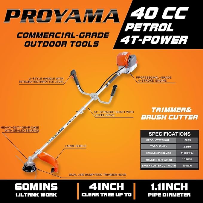 PROYAMA 40cc Gas Powered Brush Cutter, 4-Cycle Weed Eater, 3 in 1 Dual Line Gas String Trimmer and Grass Trimmer, Weed Wacker Extreme Duty…