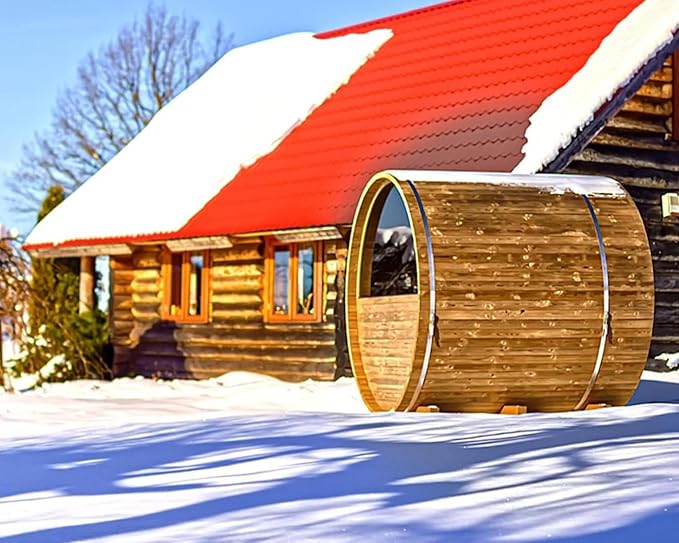 Outdoor Barrel Sauna 4 Person, Canadian Pinewood with Porch, 220V, Half Glass Window, 4.5KW Toule Heater,Waterproof System, Rugged Base(0-195℉)
