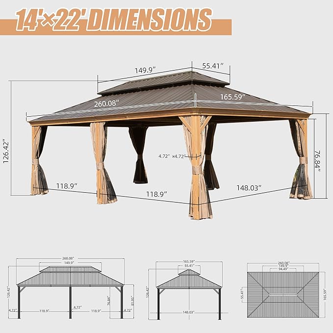 Domi 14' X 24' Hardtop Gazebo Outdoor Metal Gazebo Canopy with Galvanized Steel Double Roof, Wood Grain Aluminum Frame, Curtains and Netting for Patio, Deck, Garden