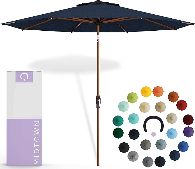 Midtown Umbrellas Sunbrella Umbrella Outdoor Patio Umbrella 2-8 Feet in Spectrum Indigo Acrylic Fabric - Auto-Tilt Aluminum Frame For Backyard Umbrella, Deck Umbrella & Porch Umbrella - Wooden Pole