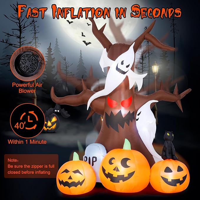 8FT Halloween Inflatable Dead Tree Outdoor Decorations with Ghosts & Pumpkins, Halloween Blow Up Yard Decoration with Build-in LEDs for Holiday/Halloween Party/Garden/Lawn