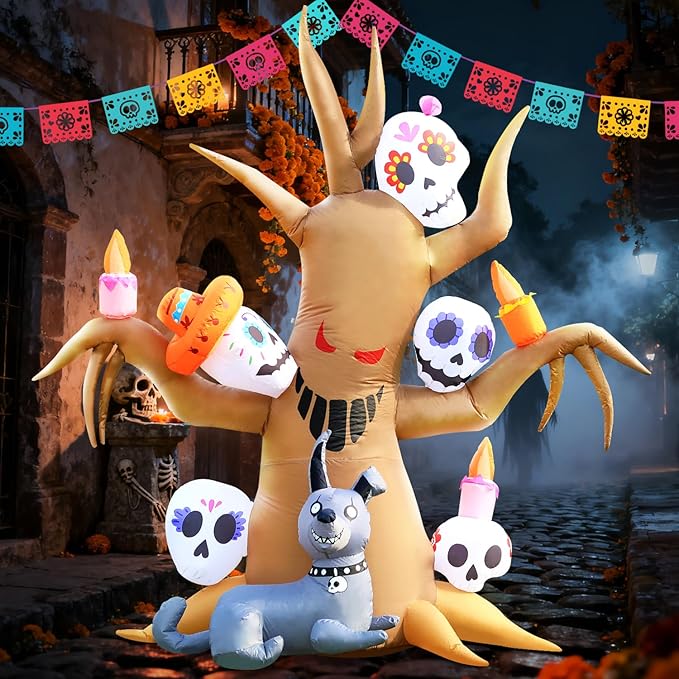 DomKom Tree Halloween Inflatable Blow Up Decorations, Dia de Los Muertos 8FT Day of The Dead Spooky Tree with Catrina Skull and Hairless Dog, Built-in LEDs for Holiday, Garden Lawn Yard Patio Décor