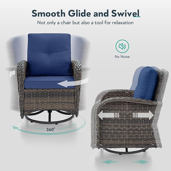 7 Piece Patio Furniture Set with Fire Pit Table - Wicker Patio Conversation Set with 4 Swivel Glider Chairs and 2 Tempered Glass Side Tables for Deck Backyard - Brown Wicker Blue Cushion