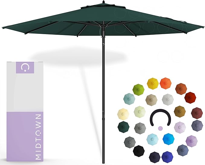 Midtown Umbrellas Push and Pop 10 Feet Outdoor Umbrella, Dark Green Polyester Fabric - Fiberglass Ribs Deck Patio Umbrella, Backyard Umbrella, Garden Umbrella & Pool Umbrella - Black Pole