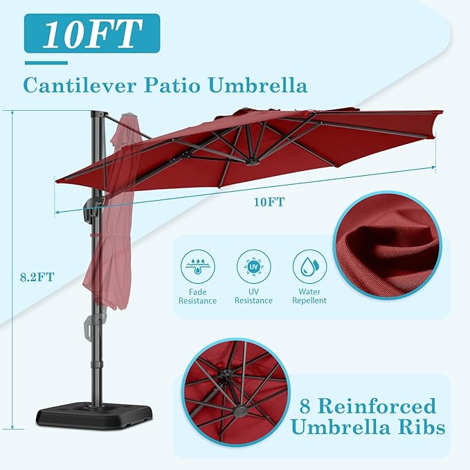 HOTIME10ft Patio Umbrella Cantilever Umbrella - Upgrade and Intensify - with 360 Rotation and 5 Angles Adjustment - Aluminum Offset Pool Umbrella Square Outdoor Umbrellas for Patio Garden Deck