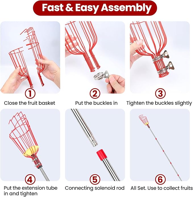 Fruit Picker Pole with Basket Segmented Fruit Picker Pole Tool for Apple Avocado Cherry Lemon Mango Orange Peach Picking(40-160") 8FT
