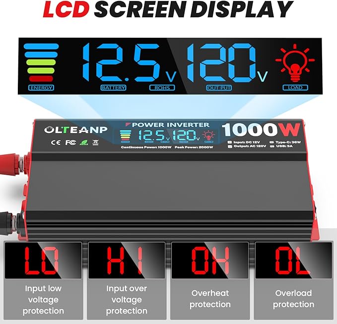 1000 Watt Power Inverter 12V DC to 110V/120V AC Car Inverter with LCD Screen Display, 2 AC Outlets, 36W Type-C Port, 5V/3A USB Port, Car Power Converter for Truck, Home, Vehicles, Laptop, Trip