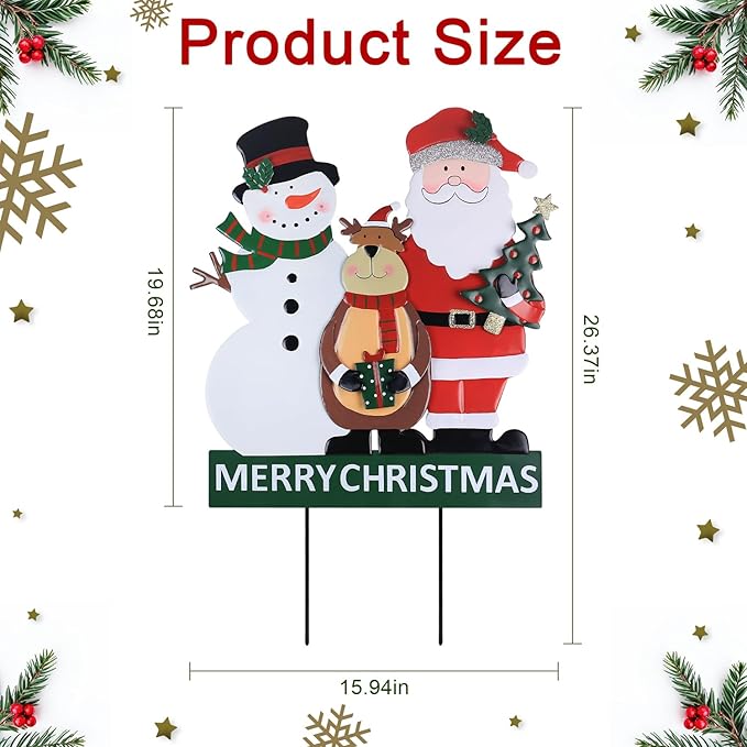 YEAHOME Outdoor Christmas Decorations, 3 Metal Snowman Santa Claus Deer Decorative Garden Stakes for Christmas Outdoor Yard, Xmas Signs for Home Outside Yard Lawn Porch Pathway Xmas Decor