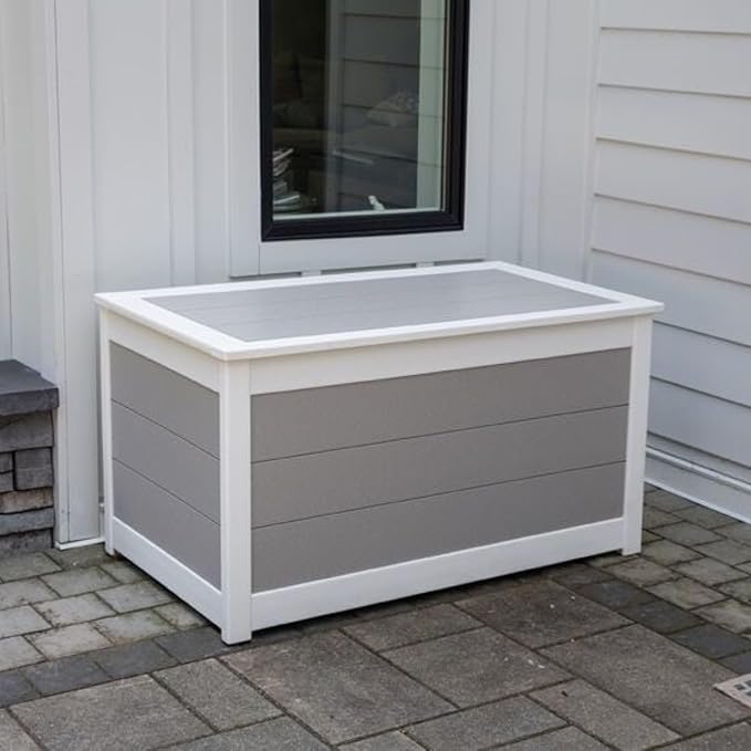 DutchCrafters Poly Waterproof Outdoor Deck Box 200-Gallon Large Deck Box Weatherproof Storage for Pool Decor, Porch Packages, Pool Towel Holder, Holds Up To 10 Cushions (Weatherwood)