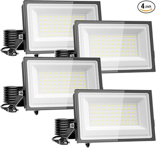 110W Flood Lights Outdoor, LED Work Light with Plug, Daylight White 6500K LED Flood Light, IP66 Waterproof Exterior Security Lights for Yard Garage Stadium 4 Pack