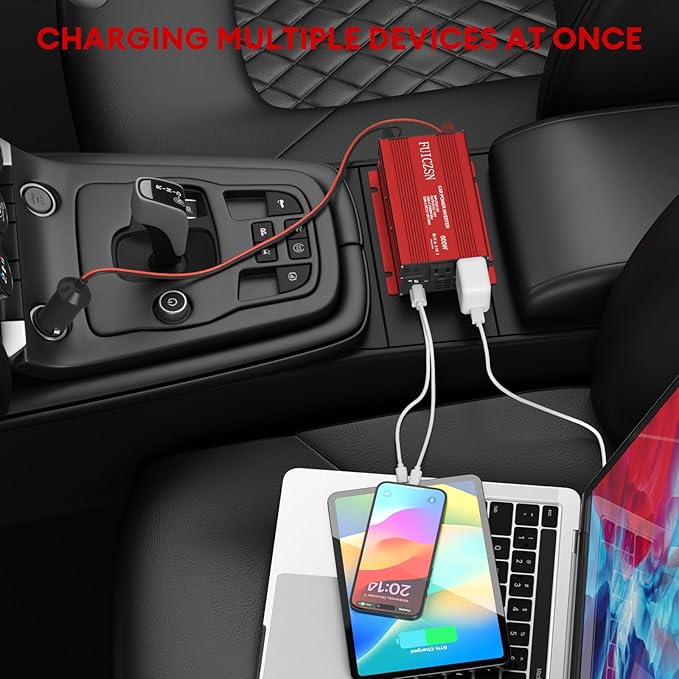 600W Car Power Inverter 12V DC to 110V AC Car Plug Adapter Outlet Converter with 2 AC Outlets and 65W PD USB-C & 18W QC USB-A Fast Charging Ports Power Inverters for Vehicles(Red)