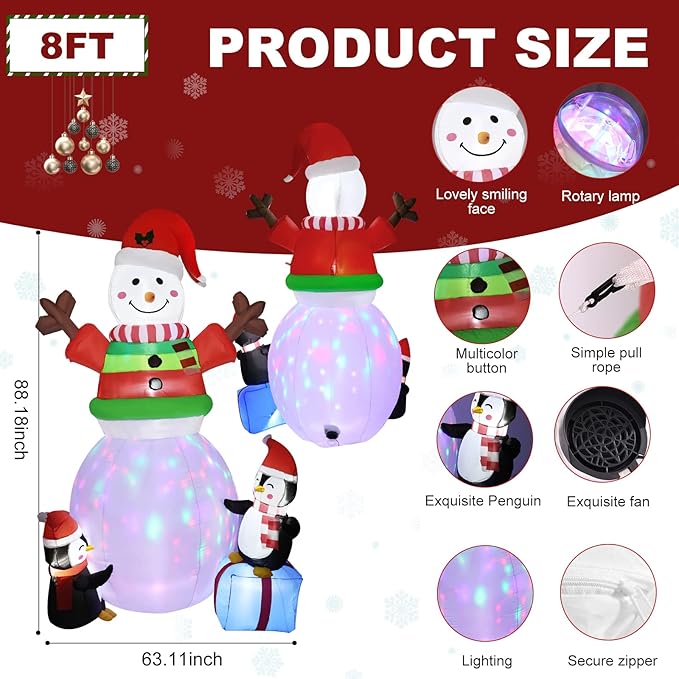 8FT Christmas Inflatables Outdoor Decorations Ugly Sweater Snowman Inflatable Yard Decorations with Rotating LED Christmas Blow-up Yard Decorations for Outdoor Indoor Lawn Garden