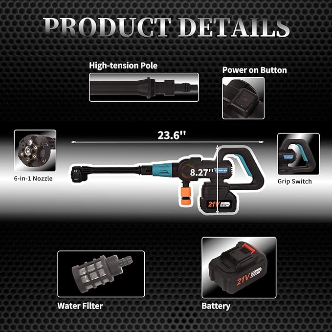 Cordless Pressure Washer with Grip,652 PSI Power Cleaner with 6-in-1 Nozzle,3-Speed Adjustment,21V Rechargeable 4.0Ah Battery High-Pressure Car Washer Gun for Home/Floor/Car Cleaning&Watering