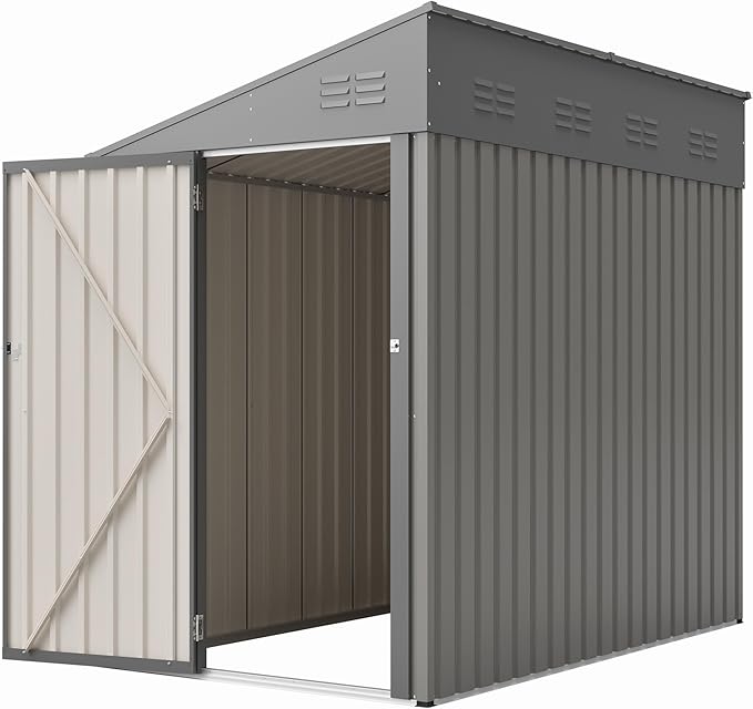 4x8 FT Outdoor Storage Shed,Lean to Lockable Metal Garden Shed Steel with Reinforced Beams,All Weather Waterproof Storage House W/Lockable Door&2 Air Vents,for Backyard,Patio,Lawn,Garden,Gray