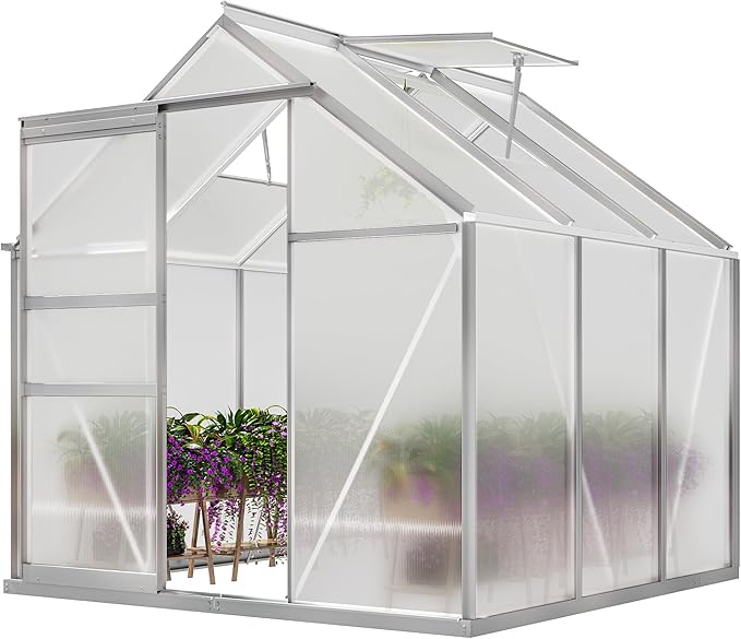 YITAHOME 6x6FT Polycarbonate Greenhouse Heavy Duty Green Houses Outdoor Greenhouses Aluminum Sliding Doors Vent Window Large Sun House for Garden Backyard, Silver