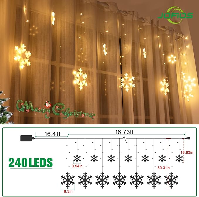 Christmas Snowflake Lights, 16.73ft Outdoor Led Snowflake Icicle Christmas Lights with 20 Drops, Waterproof Snowflake Lights Emit Warm White Lighting for Eaves, Window, Curtain Xmas Decorate