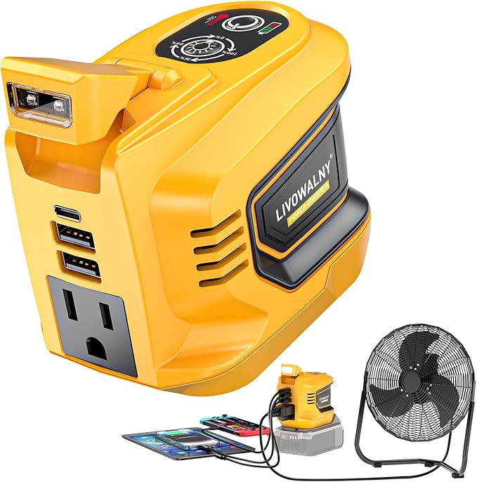 Real 200W Portable Power Inverter Compatible with DeWALT 20V, LIVOWALNY Outdoor Generato Battery Converter 2 USB & AC Battery Powered Outlet, DC 20V to AC 110V-120V Power Station (Tool Only)