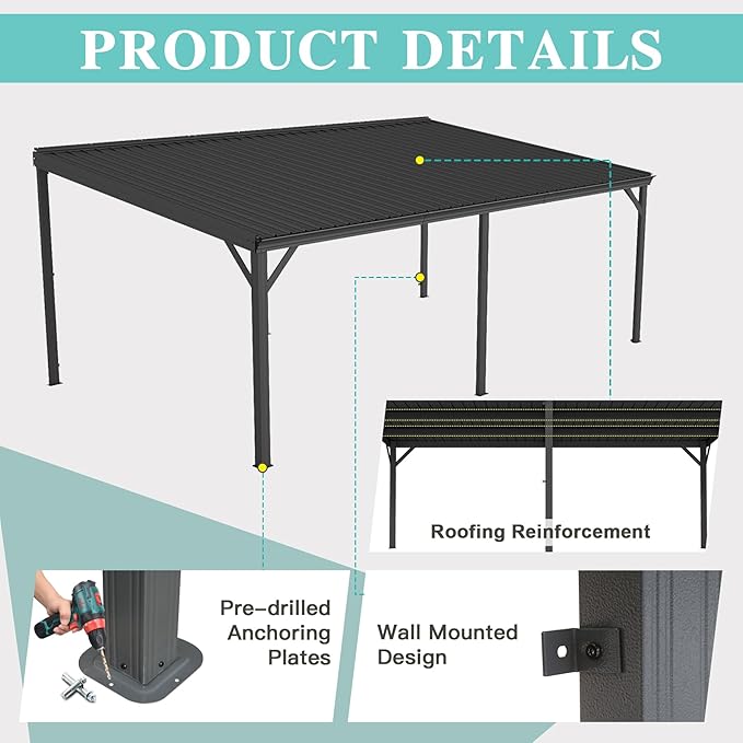 Domi 12’x20’ Lean-to Gazebo, Hardtop Wall-Mounted Gazebo Pergola with Sloping Galvanized Steel Roof and Upgraded Drainage System, Outdoor Permanent Metal Shelters for Patio Backyard Deck, Grey