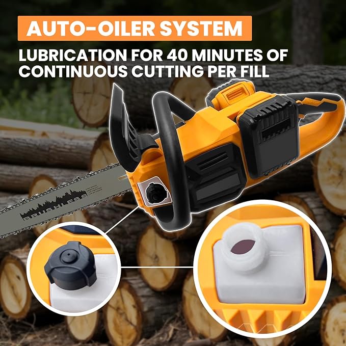 Cordless Chainsaw 16 inch 40V (2 x 20V MAX),Compatible for Dewalt Battery, Auto-Oiler, Brushless Hand-held Chain Saw for Wood Cutting, Battery Tree Saw for Tree Trimming/Pruning(Tool Only)