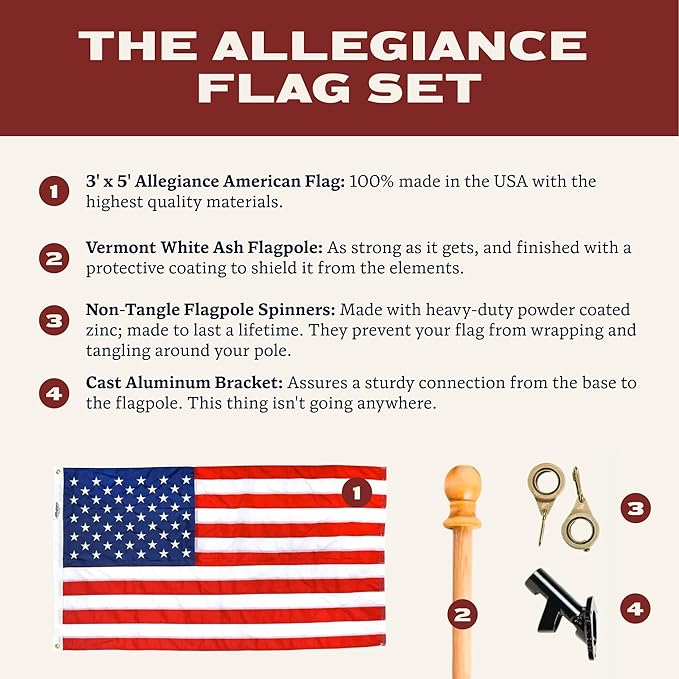 Allegiance Flag Supply Pre-Assembled American Flag Set | American-Sourced Nylon Fabric, Embroidered Stars, Hand-Stitched | Proudly Made in USA (3' x 5')