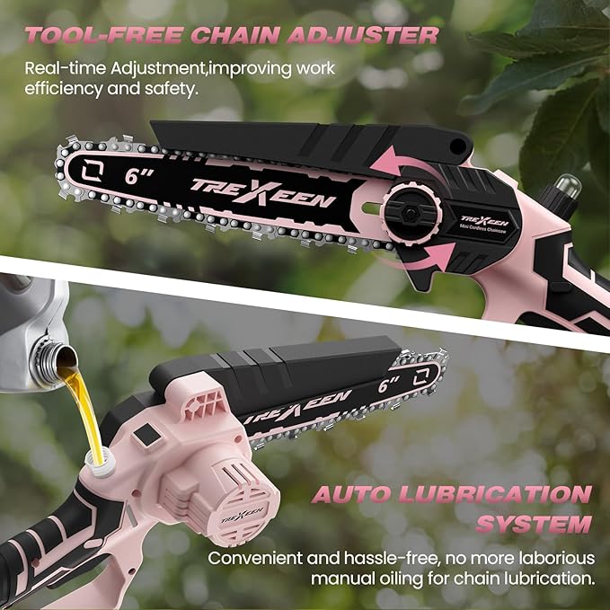 Mini Chainsaw, 6-Inch Electric Chainsaw Cordless, Upgraded 900W Brushless Portable Handheld Small Chain Saw with Auto Chain Regulator & Auto Oiler for Wood Cutting/TreeTrimming/Courtyard (Pink)