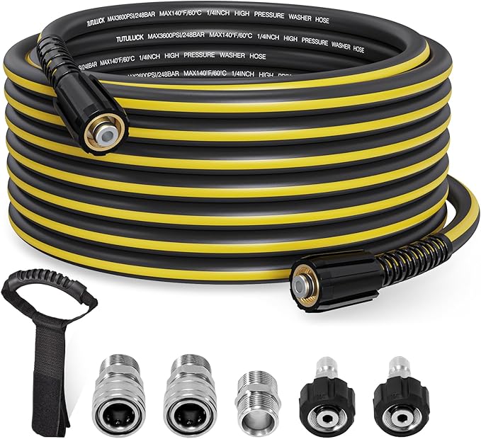 Power Washer Hose 40ft - 1/4" Non Kinking Flexible Pressure Washer Hose,3600psi M22-14mm High Pressure Hose Extension Replacement With Stainless Steel Quick Connect Fittings