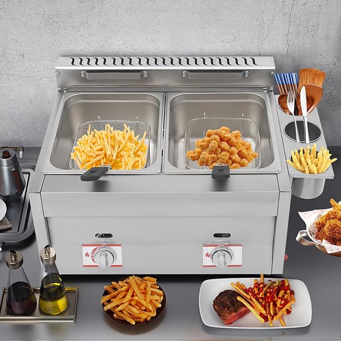 LYNICESHOP Stainless Steel Countertop Gas Fryer, Commercial LPG Gas Deep Fryer with 2 Basket Propane LPG Oil Frying Pot Kitchen Frying Machine Snack Fryer For French Fries Restaurant Home Kitchen