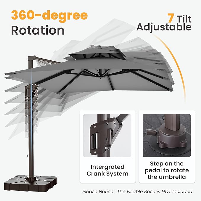 9x12 FT Cantilever Patio Umbrella with Base Included Double Top Outdoor Rectangular Large Heavy Duty Aluminum Offset Umbrellas with 7 Level Tilt 360-degree Rotation for Pool Garden Deck, Grey