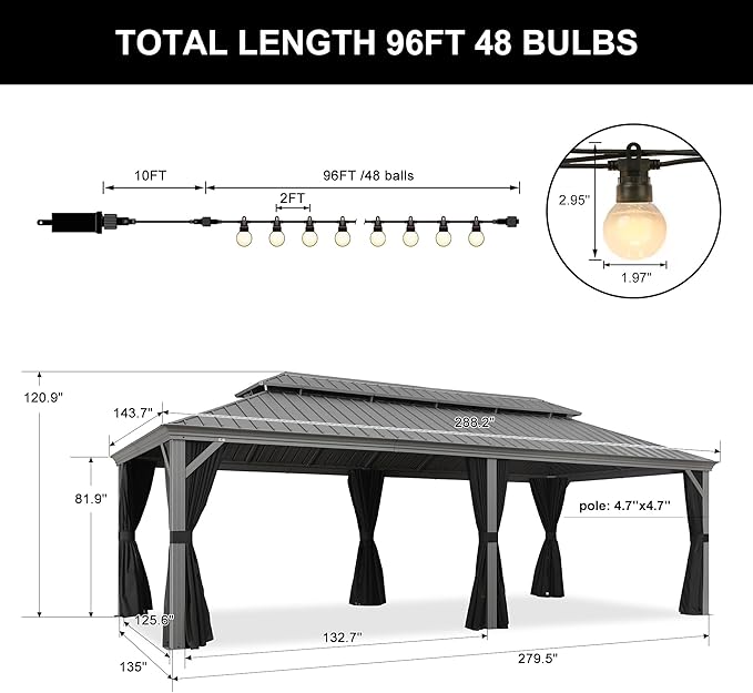 PURPLE LEAF 12' x 24' Patio Hardtop Gazebo Metal Roof Heavy Duty Wind Resistance Outdoor Permanent Large Pavilion Gazebo for Patio Deck and Garden, Netting and Curtains Included, Light Grey