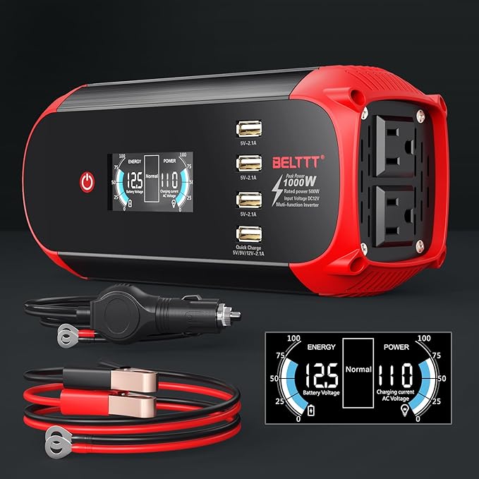 BELTTT 500W Car Power Inverter, DC 12V to 110V AC Power inverters for Vehicles with 2 AC Outlets, 4 USB Ports and LCD Digital Display, Car Plug Adapter Outlet Converter