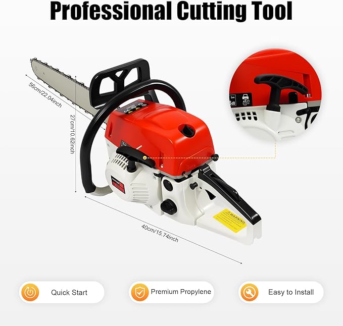 22 Inch Gas Chainsaw 52CC 2KW Petrol Chainsaws 2-Stroke Engine Chainsaw Chain Saw Set for Cutting Wood Outdoor Home Farm Us (Red-White)