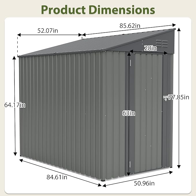 4×8 FT Outdoor Metal Storage Shed,Heavy-Duty Lean to Storage Shed with Lockable Door and Reinforced Beams,All Weather Waterproof Storage House W/2 Air Vents,for Backyard,Patio,Lawn,Gray