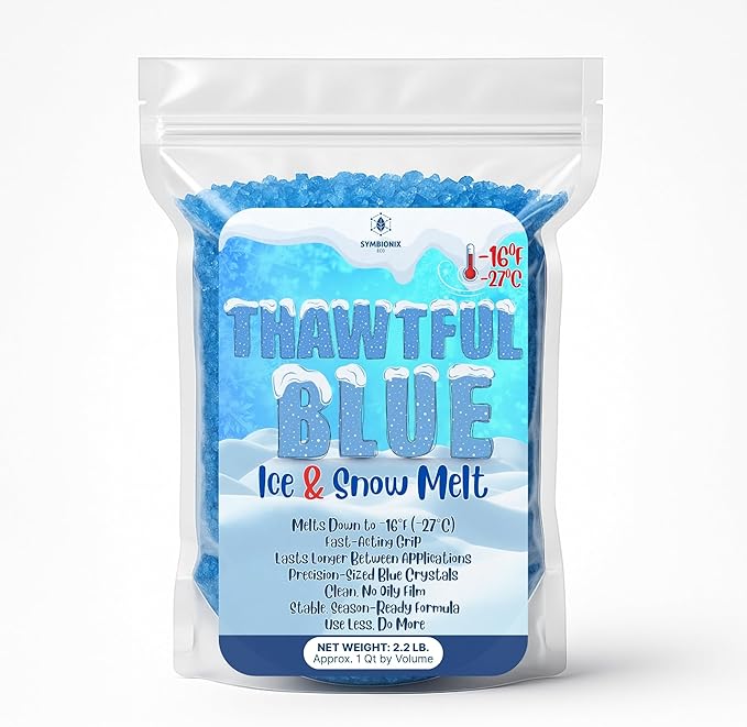 Thawtful Blue Ice & Snow Melt – Snow Melt, Rock Salt, Driveway & Sidewalk Salt for Ice, Blue Granular Rock Salt, Melts to −16°F (−27°C) – Resealable Zip Bag (1 Quart - 2.2 lb.)