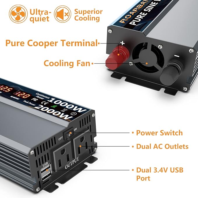 1000W Pure Sine Wave Power Inverter 12V DC to AC 110V 120V Peak Power 2000W with 2 AC Outlets Car Inverter and Dual 3.4A USB Port Cooling Fans and LCD Display for Inverter Home RV Car Solar System