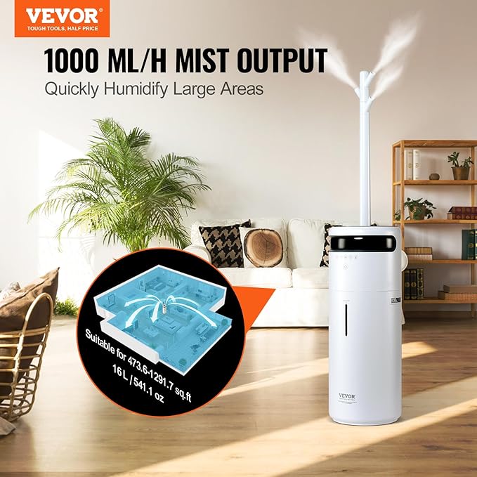 VEVOR Humidifier for Home Large Room, Commercial Humidifier for Whole House 1291.7 sq ft, 16L Water Tank & Night Light & 12h Timer & Auto Shut-Off, Greenhouse, Commercial Branch Tube w/ 360° Nozzle